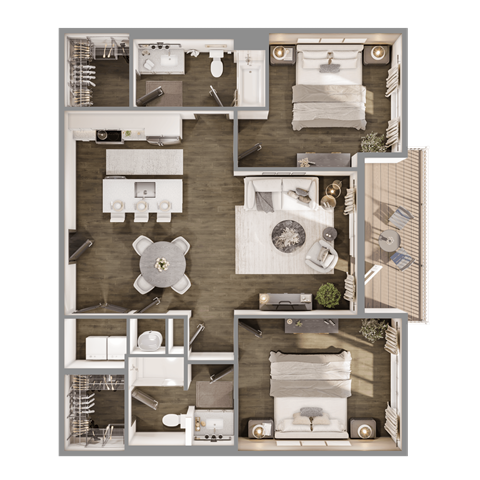 Floor plan for 2 beds, 2 baths, 1101 sqft